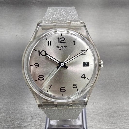 Swatch Silverblush Watch Men 34mm Silver Dial Clear Case Date GM416C New Battery0