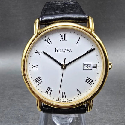 Bulova Watch Men 34mm White Dial Gold Date Round 97B13 Leather New Battery0