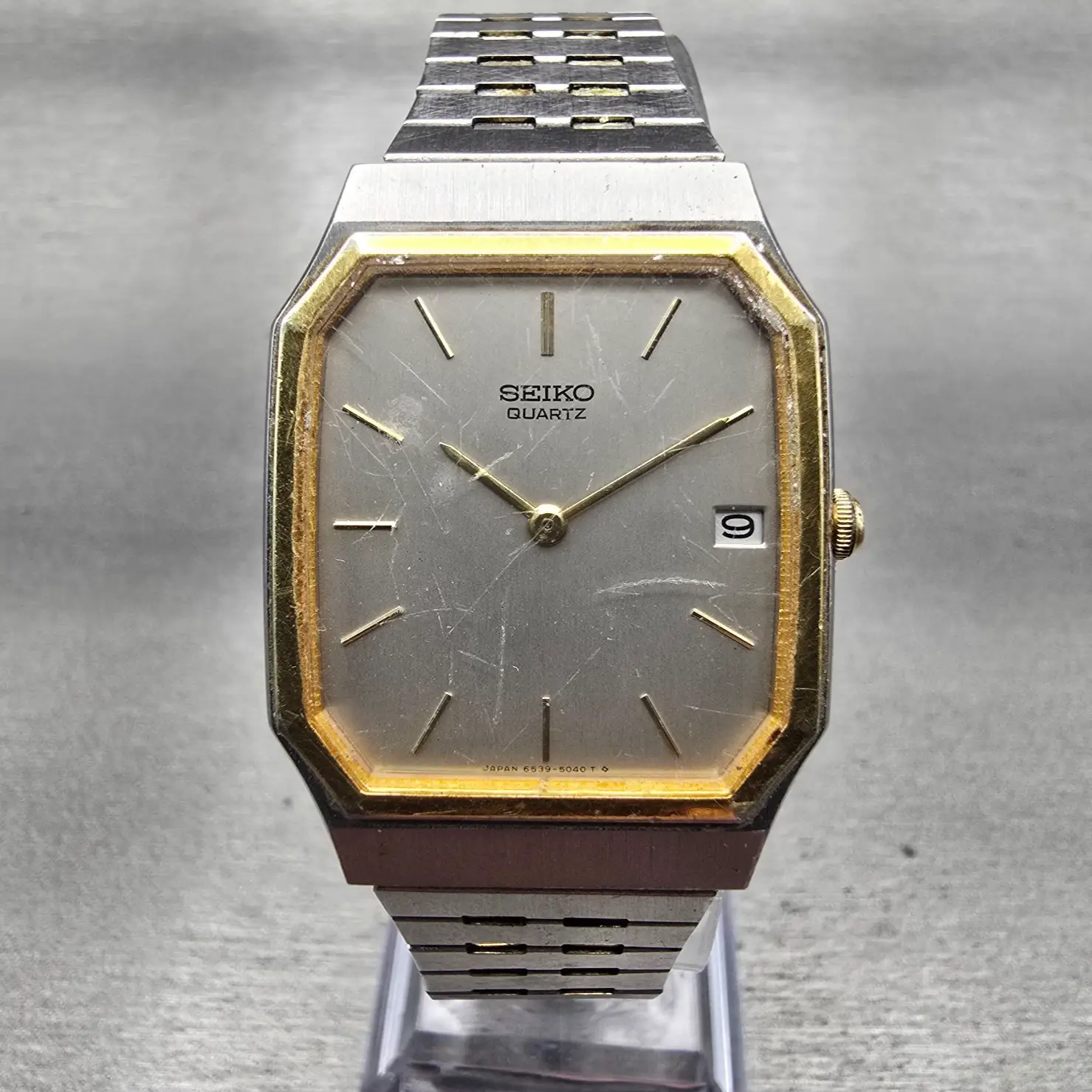 Seiko Watch Men 28mm Silver Dial Two Tone Date Rectangle 6539-5020 New Battery0