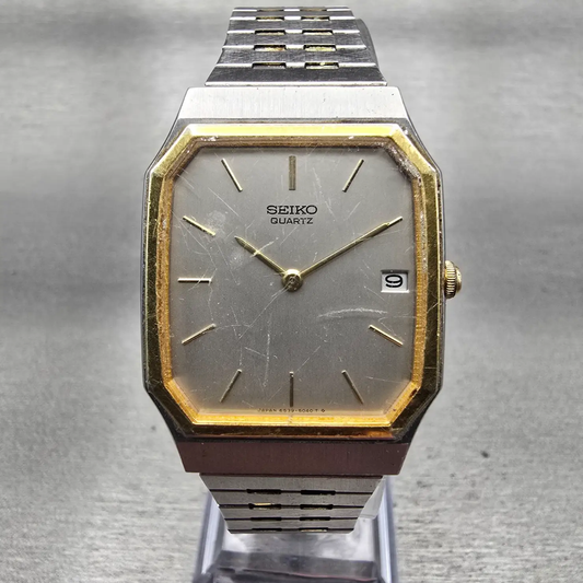 Seiko Watch Men 28mm Silver Dial Two Tone Date Rectangle 6539-5020 New Battery0