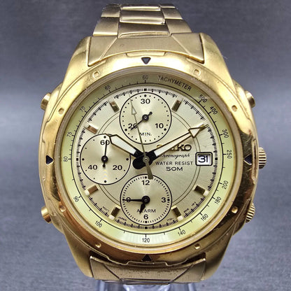 Seiko Chronograph Watch Men 39mm Gold Dial Gold Tone Date Round 7T32-6M59 PARTSK0