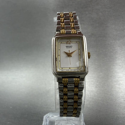 Seiko Tank Watch Women 18mm White Dial Two Tone Rectangle V401-5129 New BatteryL5