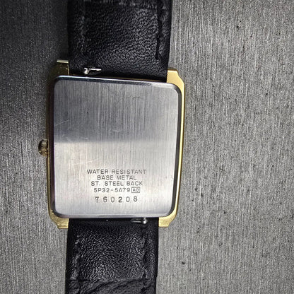 Seiko Watch Men 27mm Gold Dial Gold Tone Date Rectangle 5P32-5A79 New Battery10
