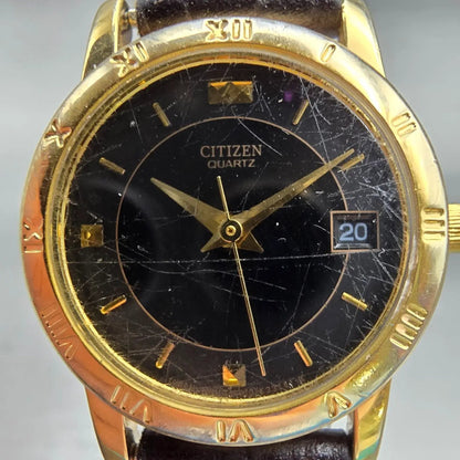 Citizen Watch Women 24mm Black Dial Gold Tone Date Round 6010-K06878 New Battery1