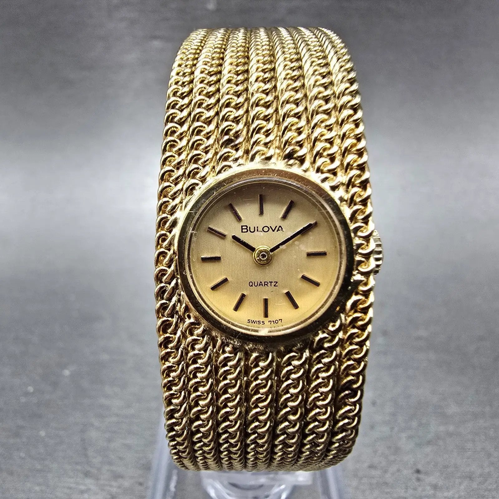 Bulova Watch Women 18mm Gold Dial Gold Tone Rectangle Mesh Band New Battery0