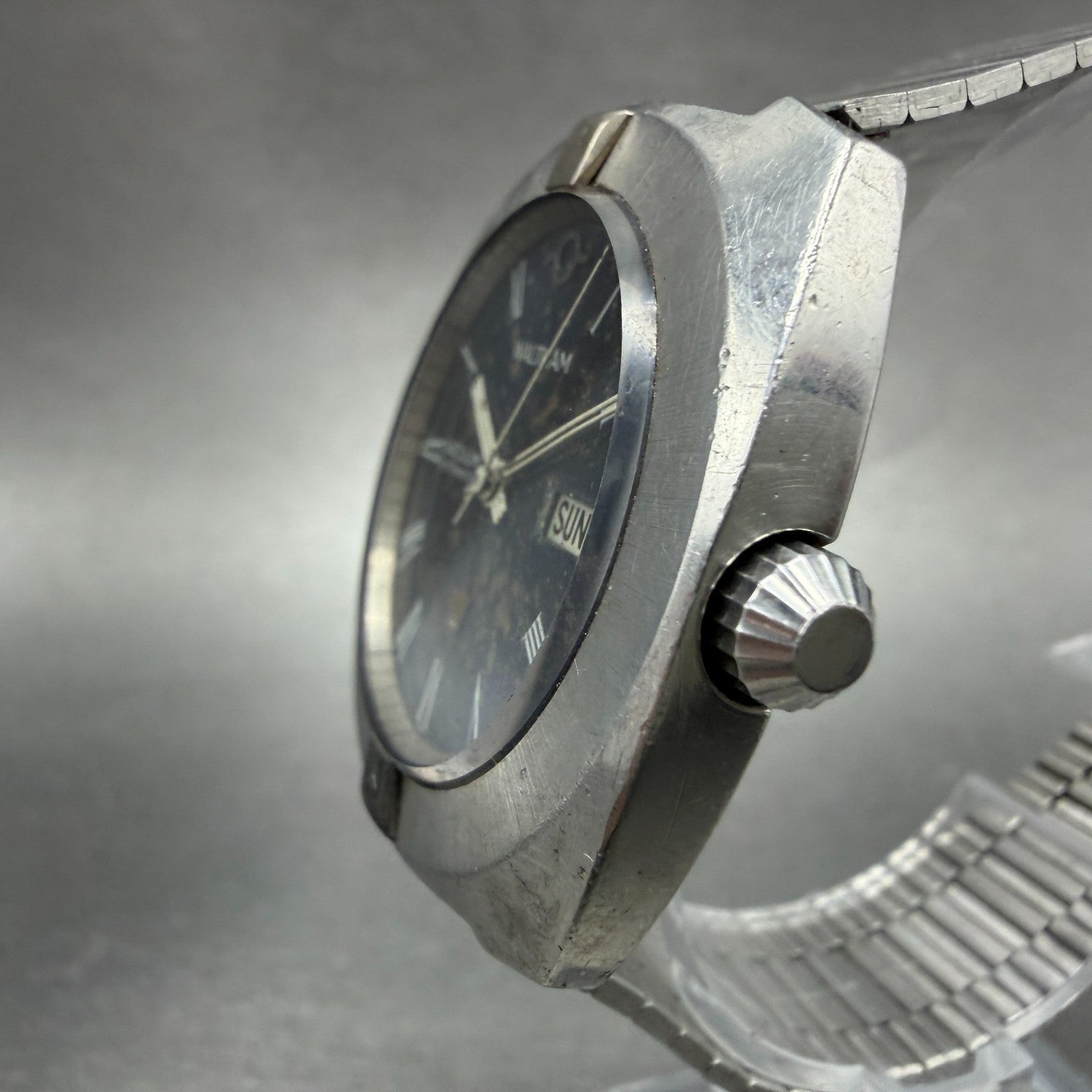 Waltham Vacuum Automatic Watch Men 36mm Blue Dial Steel Daydate Round Runs VTG2