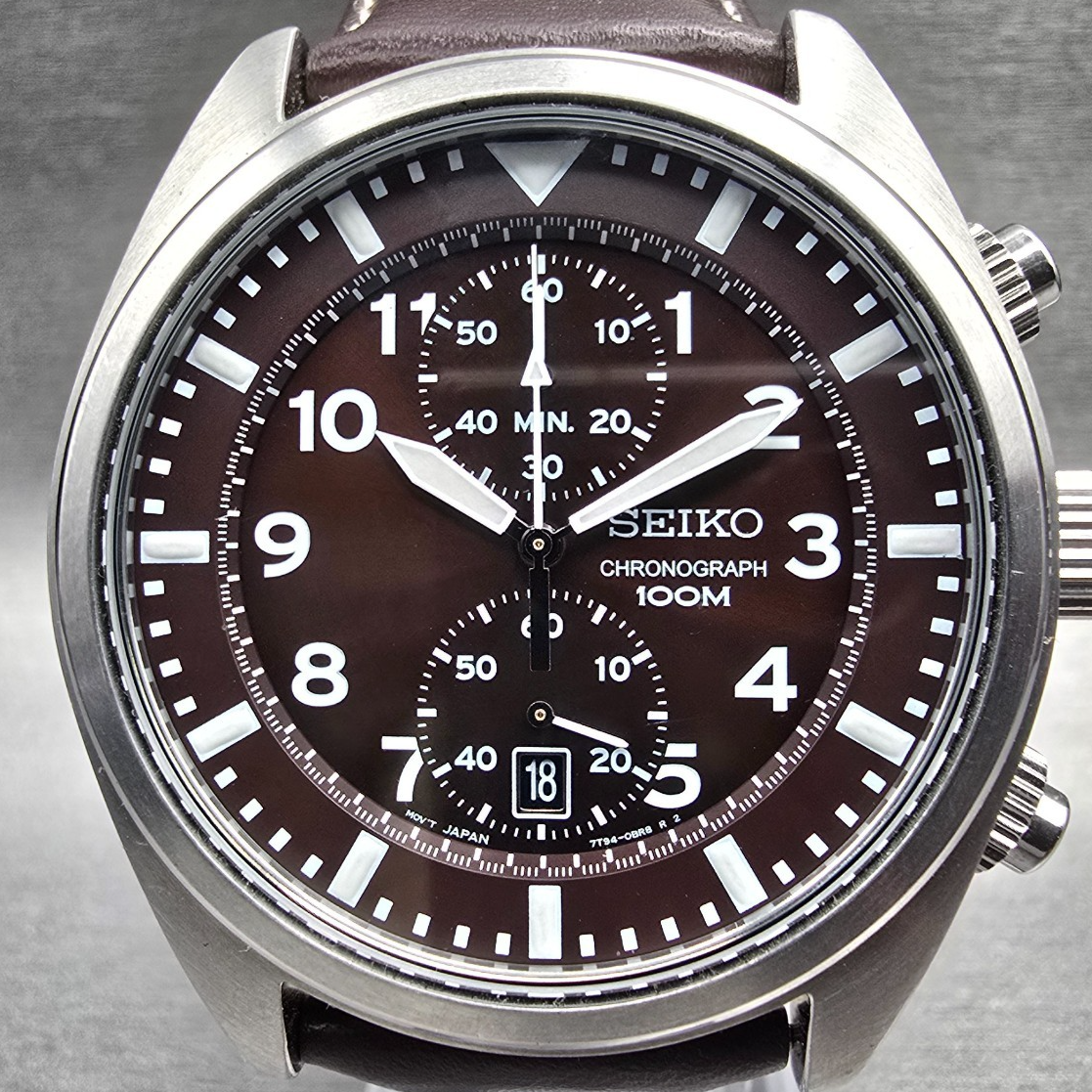Seiko Chronograph Watch Men 43mm Brown Dial Silver Tone Date 7T94-0BL0 New Batt1