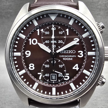 Seiko Chronograph Watch Men 43mm Brown Dial Silver Tone Date 7T94-0BL0 New Batt1
