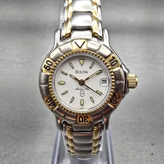 Bulova Marine Star Watch Women 27mm White Dial Two Tone Date Round 96M38 New Bat0
