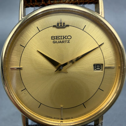 Seiko Watch Men 32mm Champagne Dial Gold Tone Date Round 5Y39-7010 New Battery1