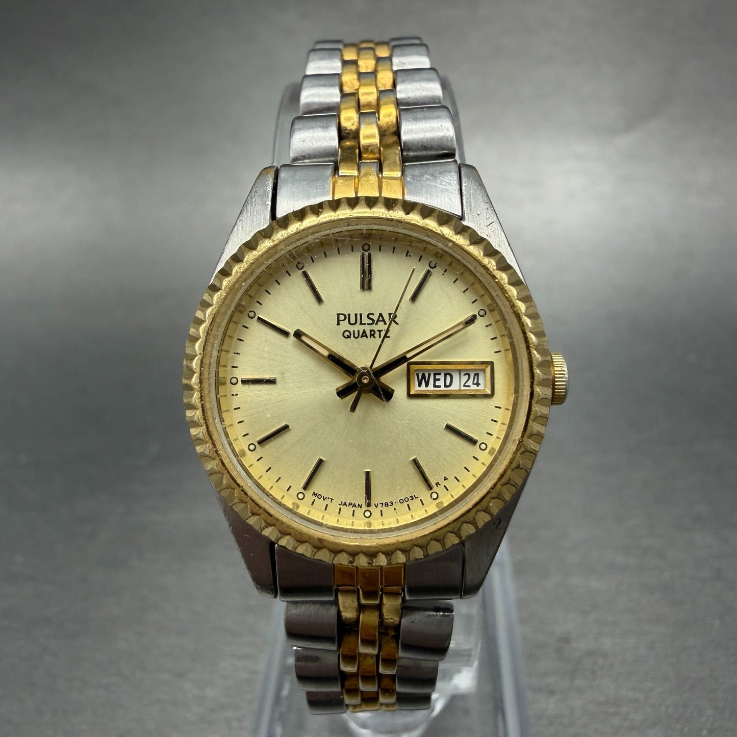 Pulsar Watch Women 24mm Champagne Dial Two Tone Daydate Round V783-0030 New Batt0