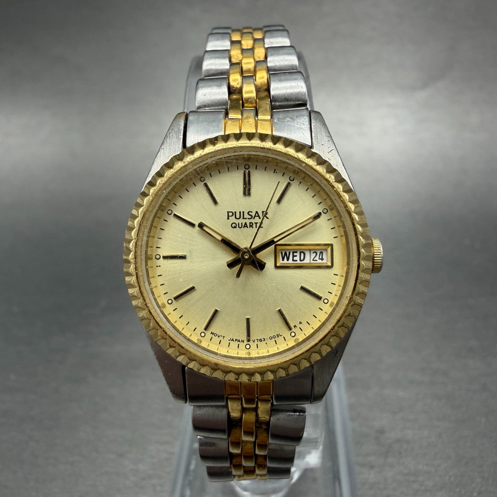 Pulsar Watch Women 24mm Champagne Dial Two Tone Daydate Round V783-0030 New Batt0