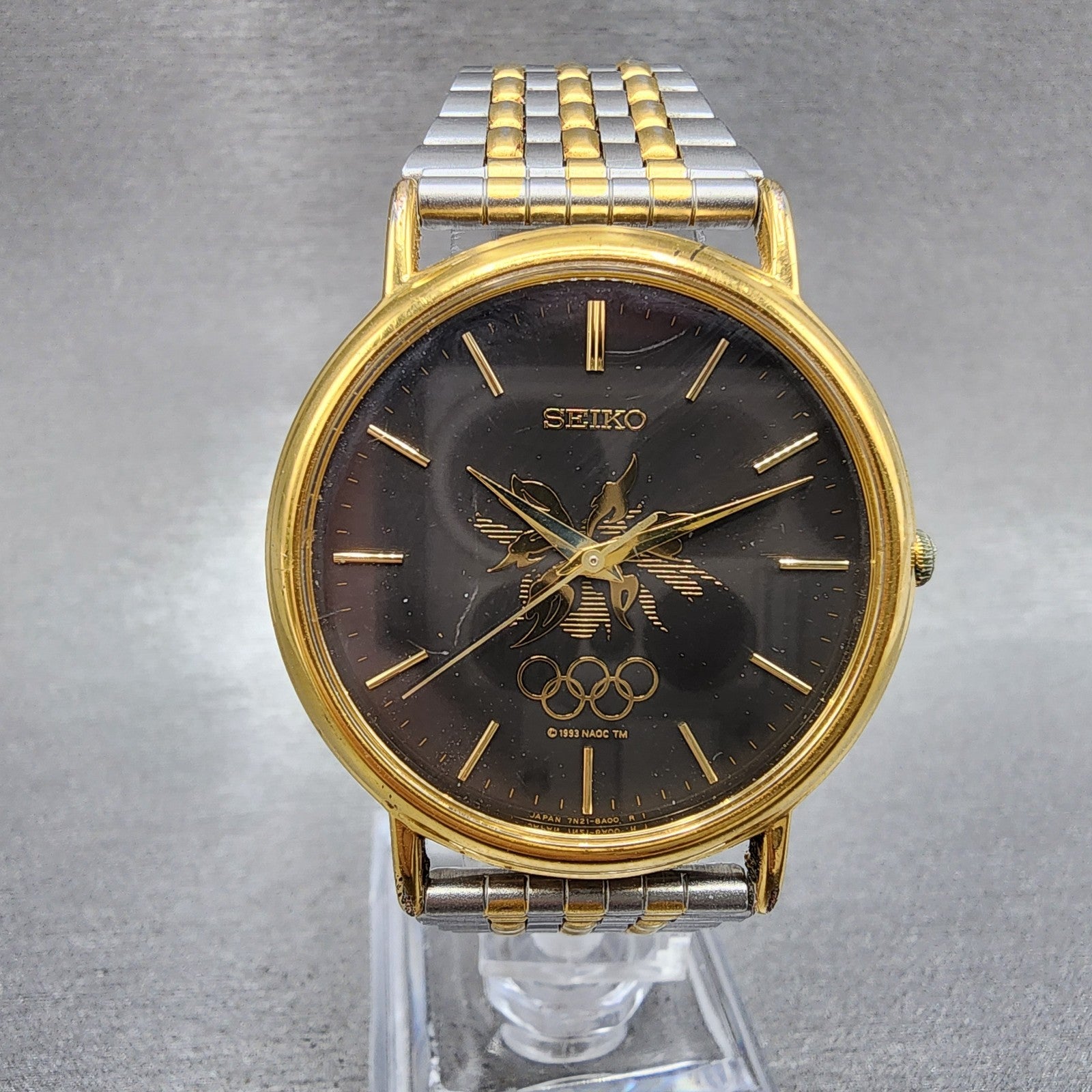 Seiko Watch Men 34mm Black Dial Two Tone Olympic 7n218a00 New Battery0