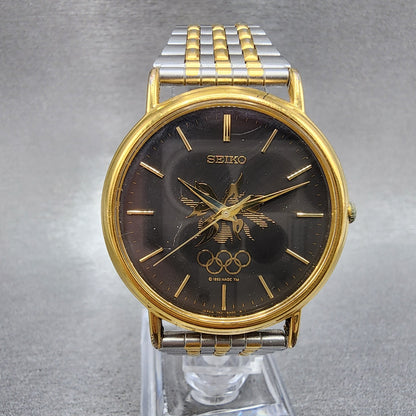 Seiko Watch Men 34mm Black Dial Two Tone Olympic 7n218a00 New Battery0