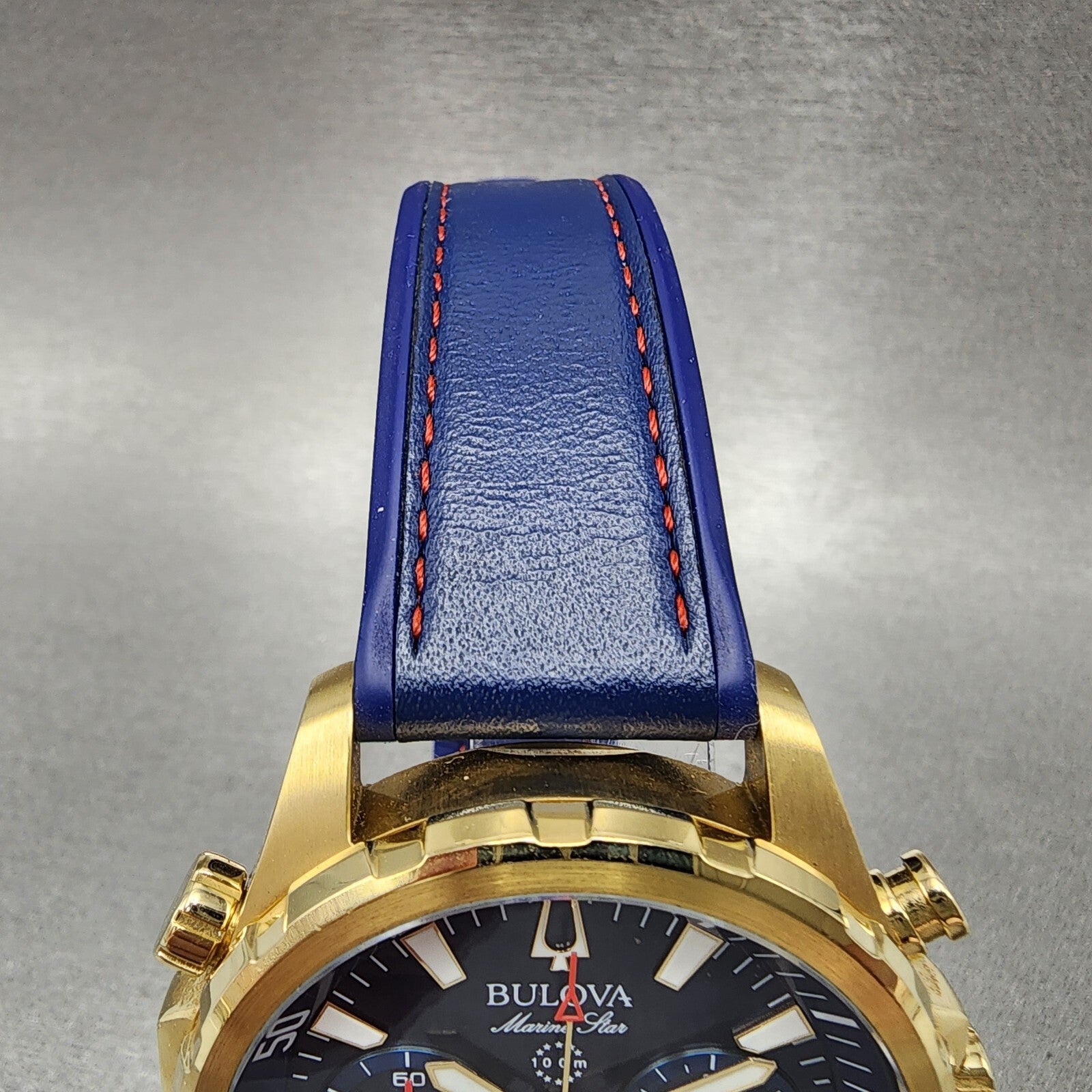 Bulova Marine Star Chronograph Watch Men 44mm Blue Dial Gold Tone Date 97B1684