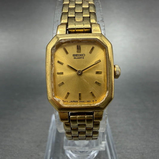 Seiko Watch Women 17mm Champagne Dial Gold Tone Octagon V400-5608 New Battery0