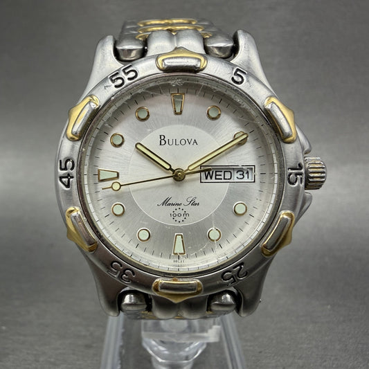 Bulova Marine Star Watch Men 37mm White Dial Two Tone Daydate Round New Battery0