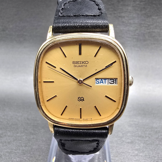 Seiko SQ Watch Men 31mm Gold Dial Gold Tone Daydate Rectangle 8223-5120 New Batt0