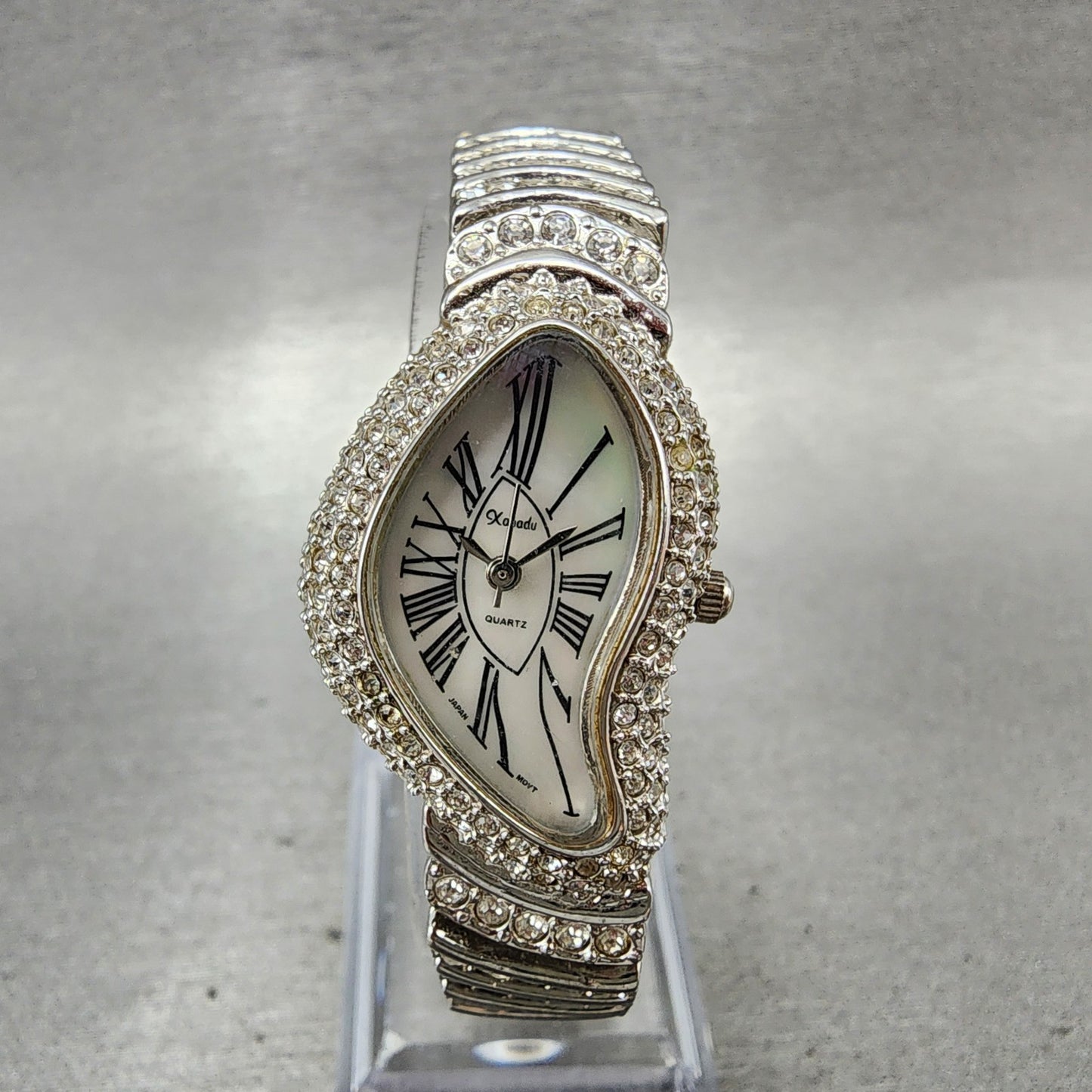 Xanadu Half Moon Watch Women 22mm MOP Dial Crystal Accents Silver Tone New Batt0