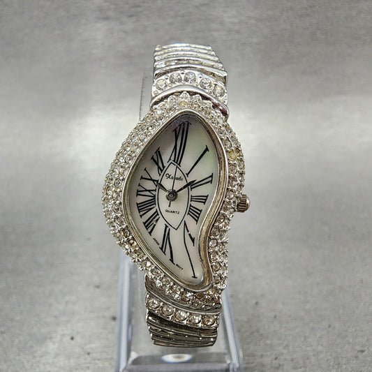 Xanadu Half Moon Watch Women 22mm MOP Dial Crystal Accents Silver Tone New Batt0