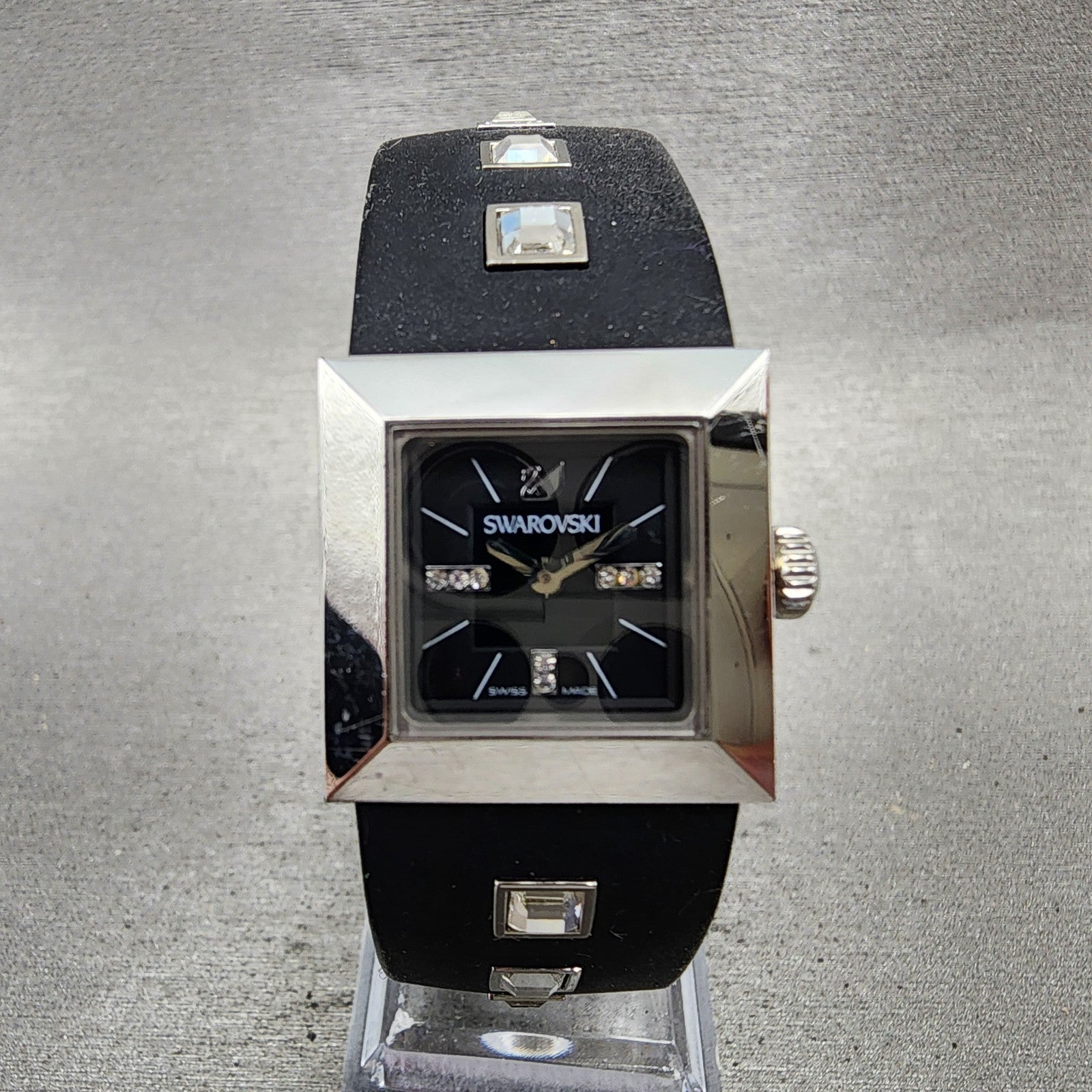 Swarovski Elis Tank Watch Women 23mm Black Dial Silver Tone Square New Battery0