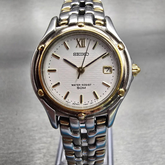 Seiko Watch Women 26mm White Dial Two Tone Date Round 7N82-0599 New Battery0
