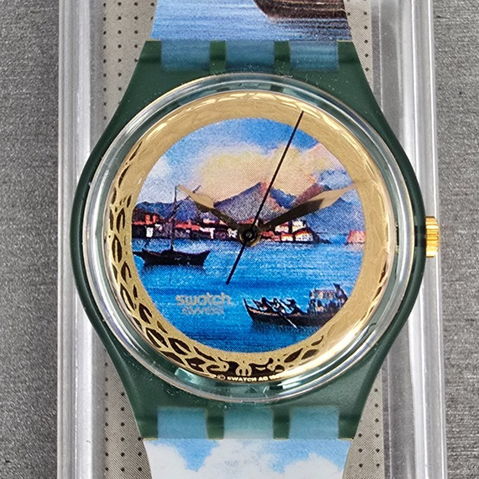 Swatch Sole Mio Watch Men 34mm Blue Dial Green Case GM124 New Battery NOS1