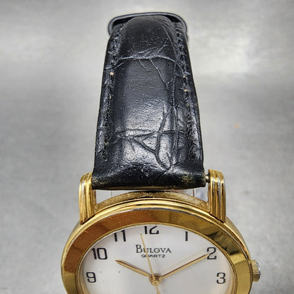 Bulova Watch Men 33mm White Dial Gold Tone Round 97A29 Leather Band New Battery4
