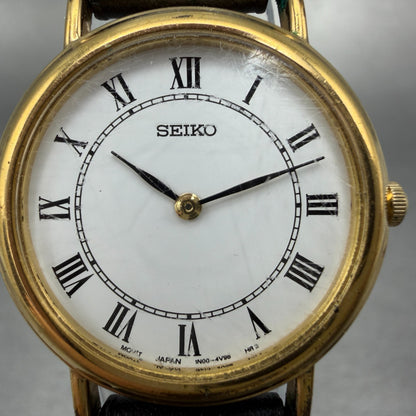 Seiko Watch Women 26mm White Dial Gold Tone Round 1N00-0D59 New Battery Leather1