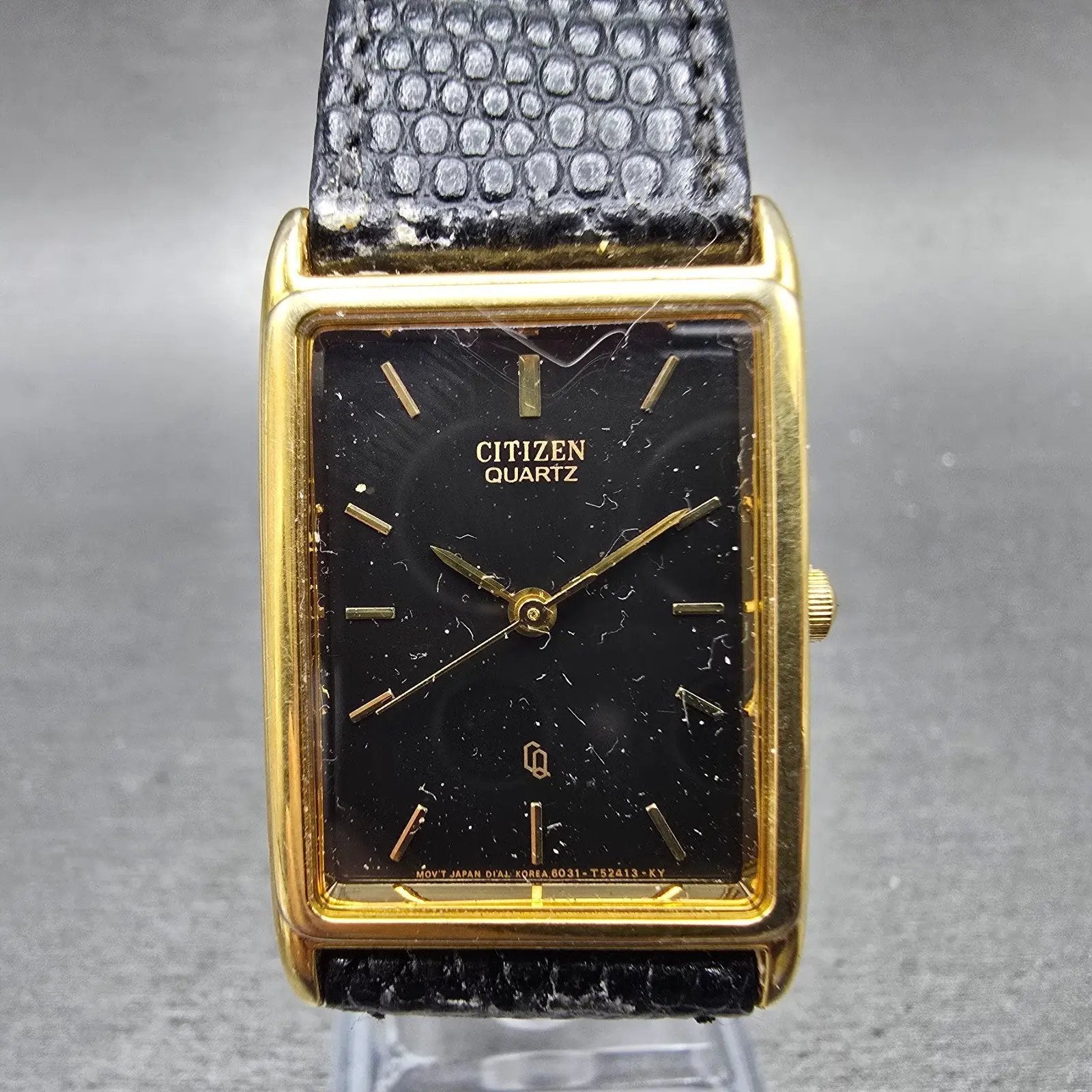 Citizen CQ Tank Watch Men 23mm Black Dial Gold Tone Rectangle 6031 PARTS Vintage0