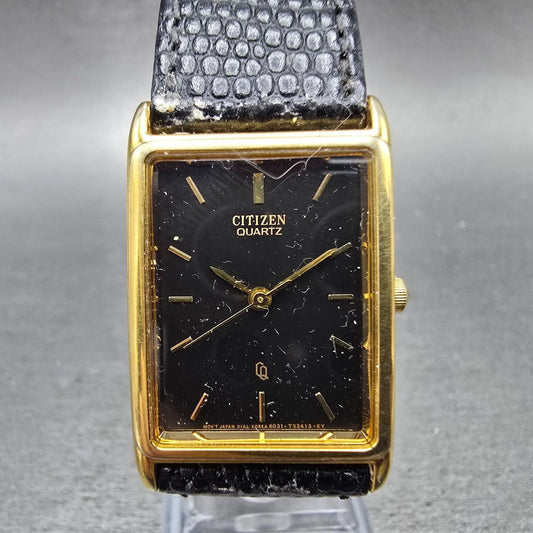Citizen CQ Tank Watch Men 23mm Black Dial Gold Tone Rectangle 6031 PARTS Vintage0
