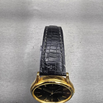 Citizen CQ Watch Men 34mm Black Dial Gold Tone Daydate Round 2500-S76418 New Bat4