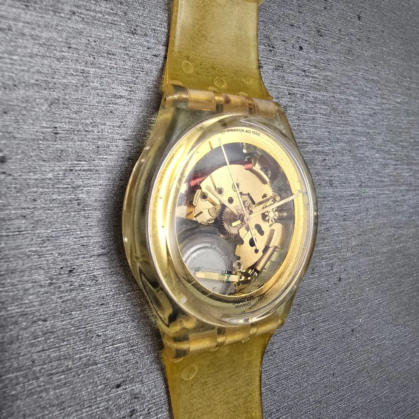 Swatch Golden Jelly Watch Men 34mm Skeleton Dial Clear Case READ! GZ115 New Batt2
