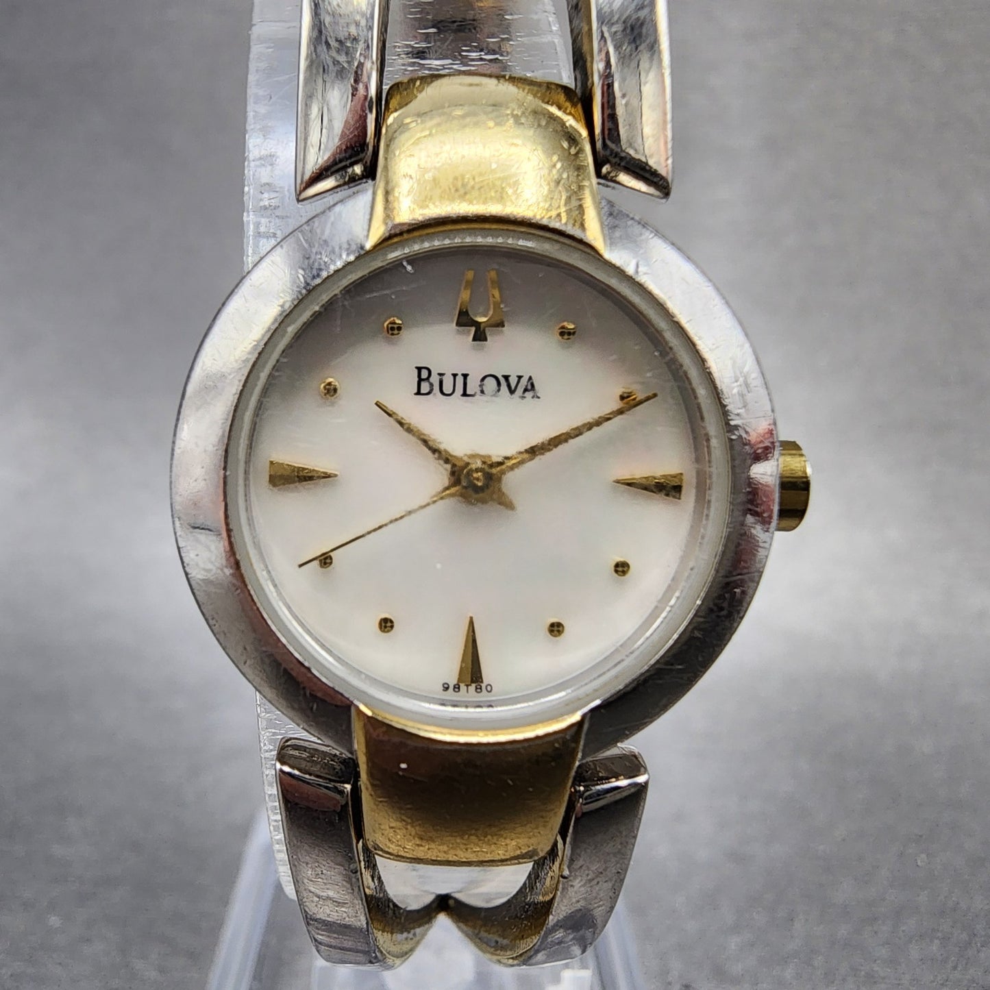 Bulova Watch Women 22mm MOP Dial Two Tone Round 98T80 Bangle New Battery0