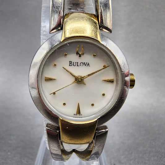 Bulova Watch Women 22mm MOP Dial Two Tone Round 98T80 Bangle New Battery0