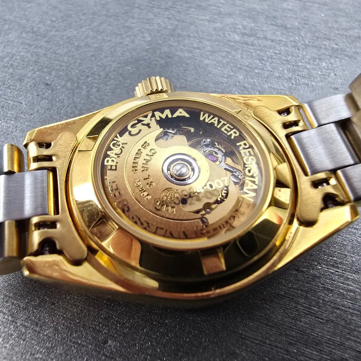 Cyma President Watch Women 26mm Gold Dial Gold Case Automatic Date Round WBox11