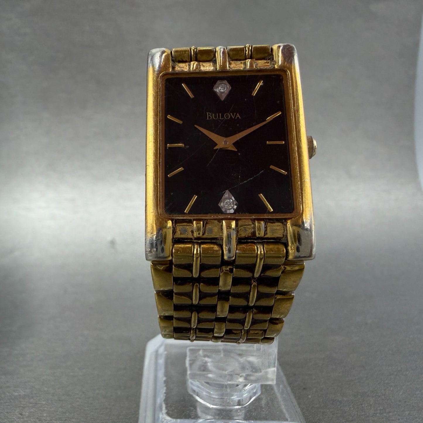 Bulova Tank Watch Men 24mm Black Dial Gold Tone Rectangle 97D11 New Battery VTG5