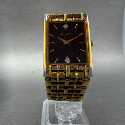 Bulova Tank Watch Men 24mm Black Dial Gold Tone Rectangle 97D11 New Battery VTG5