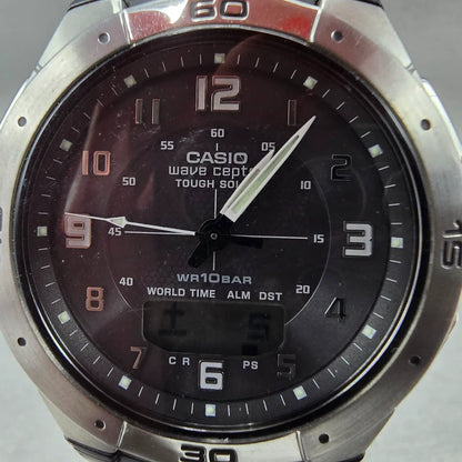 Casio WVA-470 Watch Men 42mm Black Silver Wave Ceptor Alarm Chronograph Round 781