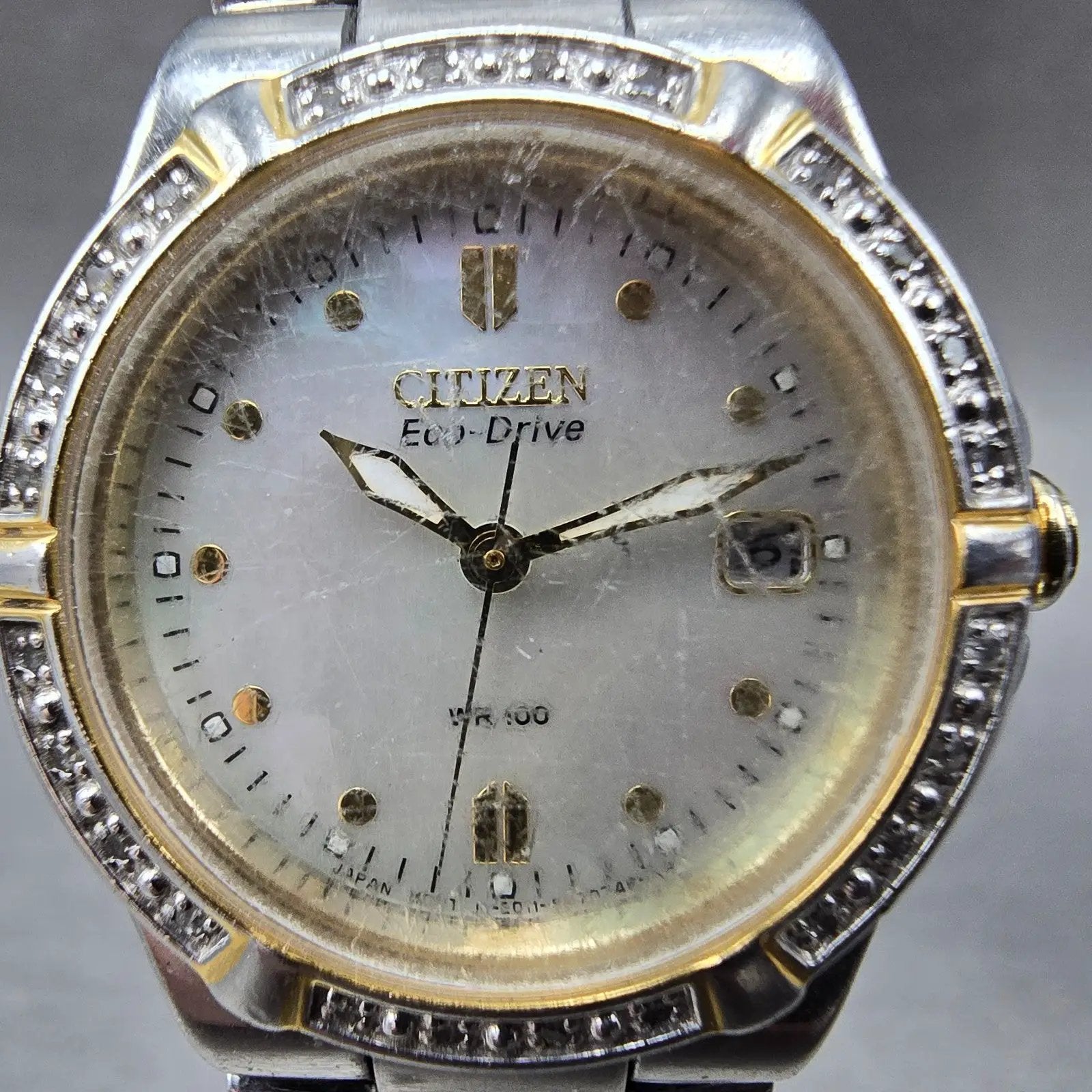 Citizen Eco-Drive Watch Women 27mm MOP Dial Two Tone Gemmed E011-S044235 Works K2