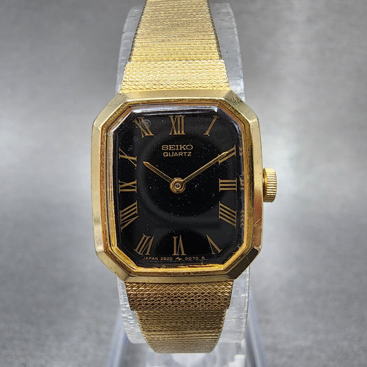 Seiko Watch Women 17mm Black Dial Gold Tone Octagon 2B205019 New Batt N9123 VTG0