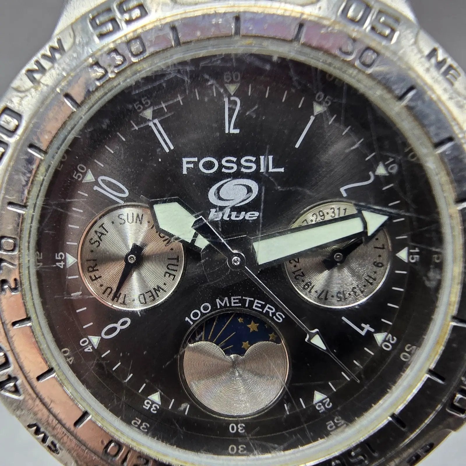 Fossil Blue Watch Women 35mm Black Dial Silver Tone Daydate BQ-9023 New Battery1