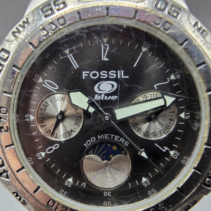 Fossil Blue Watch Women 35mm Black Dial Silver Tone Daydate BQ-9023 New Battery1