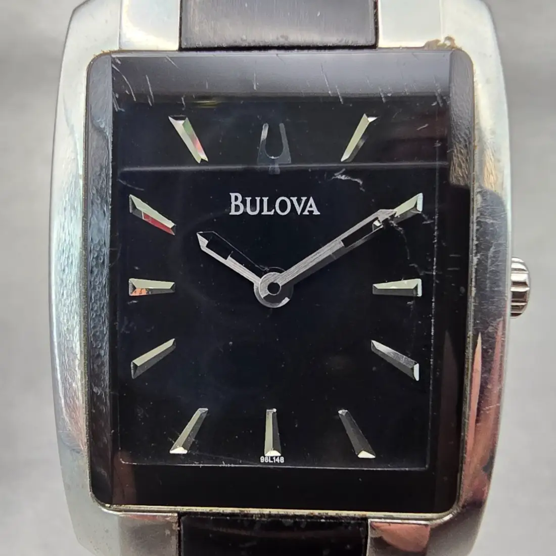 Bulova Tank Watch Men 24mm Black Dial Black & Silver Rectangle 98L148 New Batt1