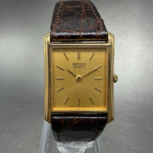 Seiko Tank Watch Women 19mm Champagne Dial Gold Tone 7320-5000 New Battery0