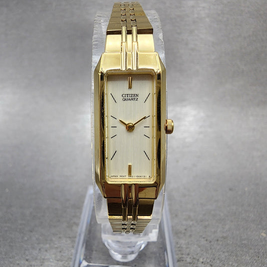 Citizen CQ Tank Watch Women 13mm Champagne Dial Gold Tone Rectangle New BatteryA0