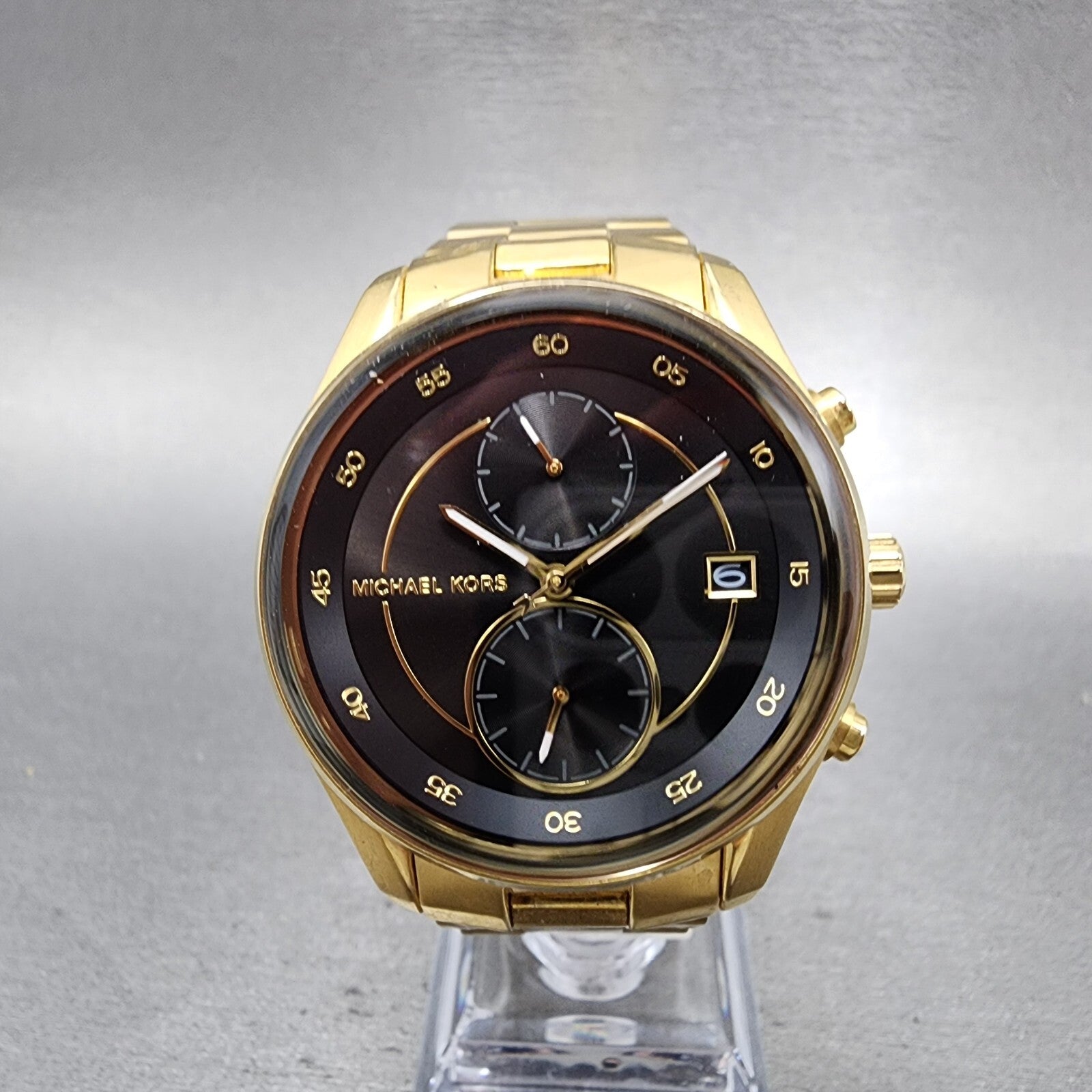 Michael Kors Briar Watch Women 40mm Black Dial Gold Tone Date Round New Battery0