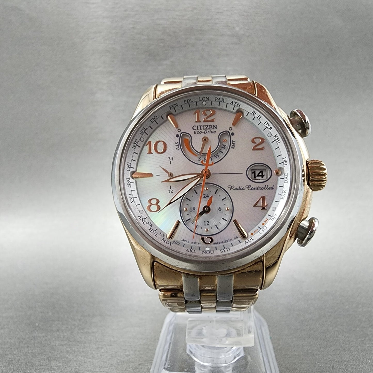 Citizen EcoDrive World Time Watch Women 41mm MOP Dial Two Tone Date Works5
