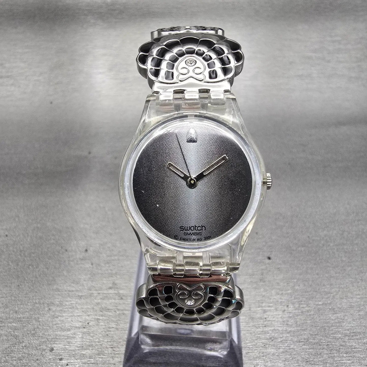 Swatch Revue Star Watch Women 25mm Gray Dial Clear Case Round LM130G New Battery0