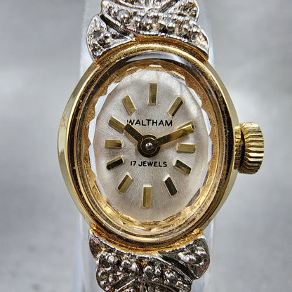 Waltham Watch Women 17mm Silver Dial Gold Tone Oval Diamon Accents Manual Wind1